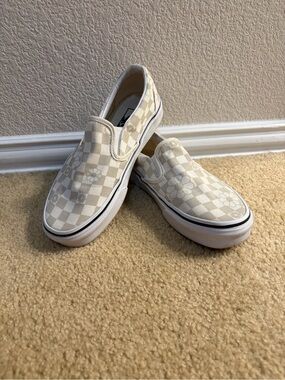 Beige Checkered Vans Slip-On Sneakers